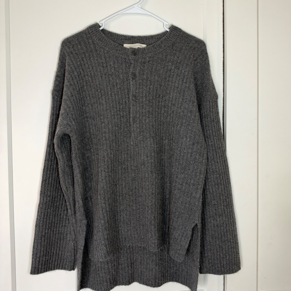 $395 Naked Cashmere Grey Ribbed Henley Sweater 100% Cashmere Small High Low Slit